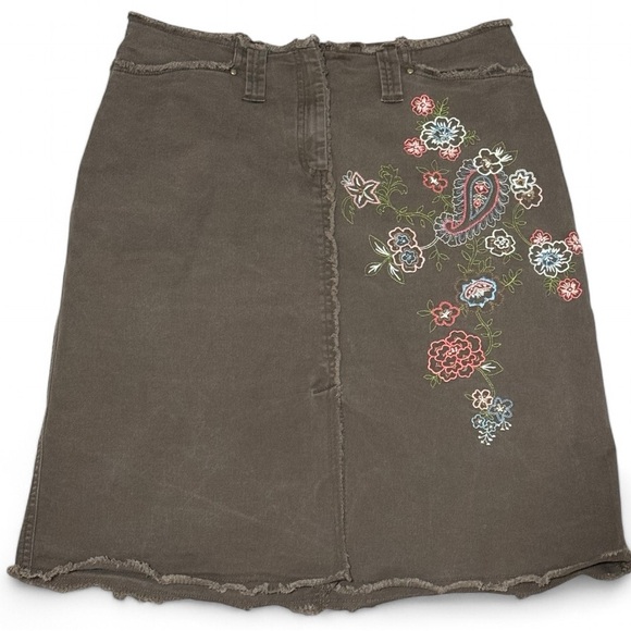 BANDOLINO Vintage Embroidered Frayed Skirt‎ Size 8 Brown Green 90’s Y2K Casual - Picture 1 of 3